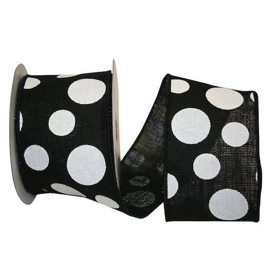 JAM Paper 4" x 10yd. Burlap Wired Black & White Dots Ribbon